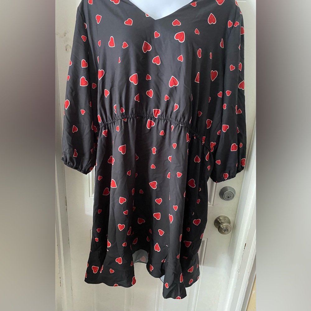 Plus Heart Print HUTCH Shirt Dress Fabric Black Red White Office Casual Dress